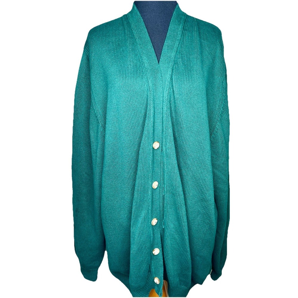 Lands End Cardigan Sweater Mens XL VTG Green Heavy Knit Grandpa USA 90s